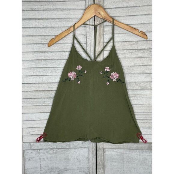 No Boundaries Green Tank Top With Pink Roses Size Small - Picture 1 of 5